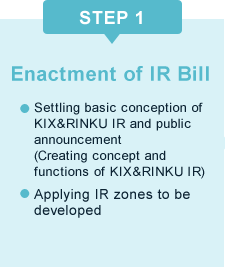 STEP 1 / Enactment of IR Bill / 基本構想の策定、周知（コンセプト・機能の具体化）/ 区域の申請