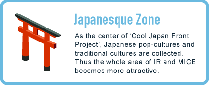 Japanesque Zone/ As the center of ‘Cool Japan Front Project’, Japanese pop-cultures and traditional cultures are collected. Thus the whole area of IR and MICE becomes more attractive.