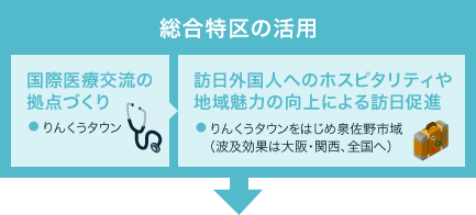 総合特区の活用 / 国際医療交流の拠点づくり（● りんくうタウン） / 訪日外国人へのホスピタリティや地域魅力の向上による訪日促進（● りんくうタウンをはじめ泉佐野市域（波及効果は大阪・関西、全国へ））
